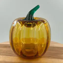 Pre Owned Orange Blenko Glass Pumpkin With Green Stem