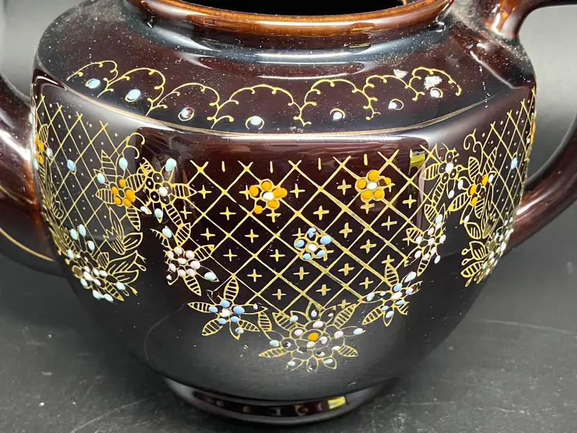 Vintage Brown Betty Redware Hand Painted Teapot