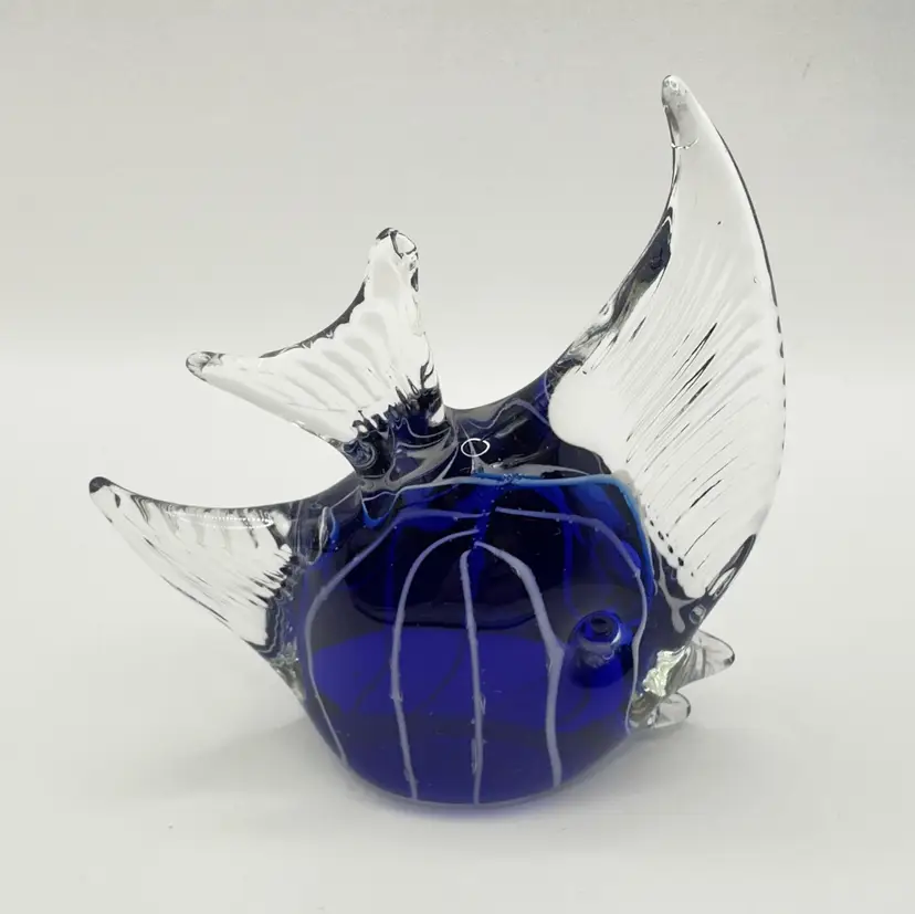 Vintage Angel Fish Art Glass Paperweight Figurine, Blue White Striped, Handcrafted Ocean Decor, Unbranded