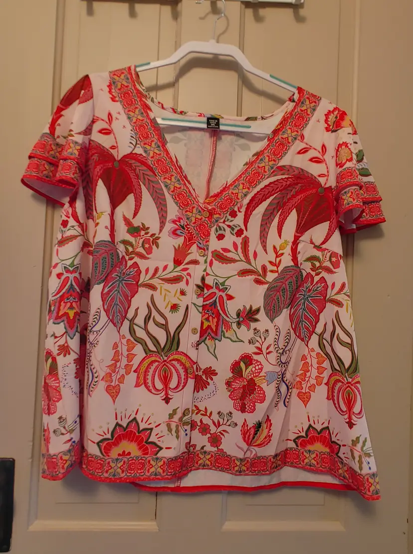 Top- Brand: Shein. Size 3X. Pink floral top. Material- 95% polyester, 5% elastane. No callouts.