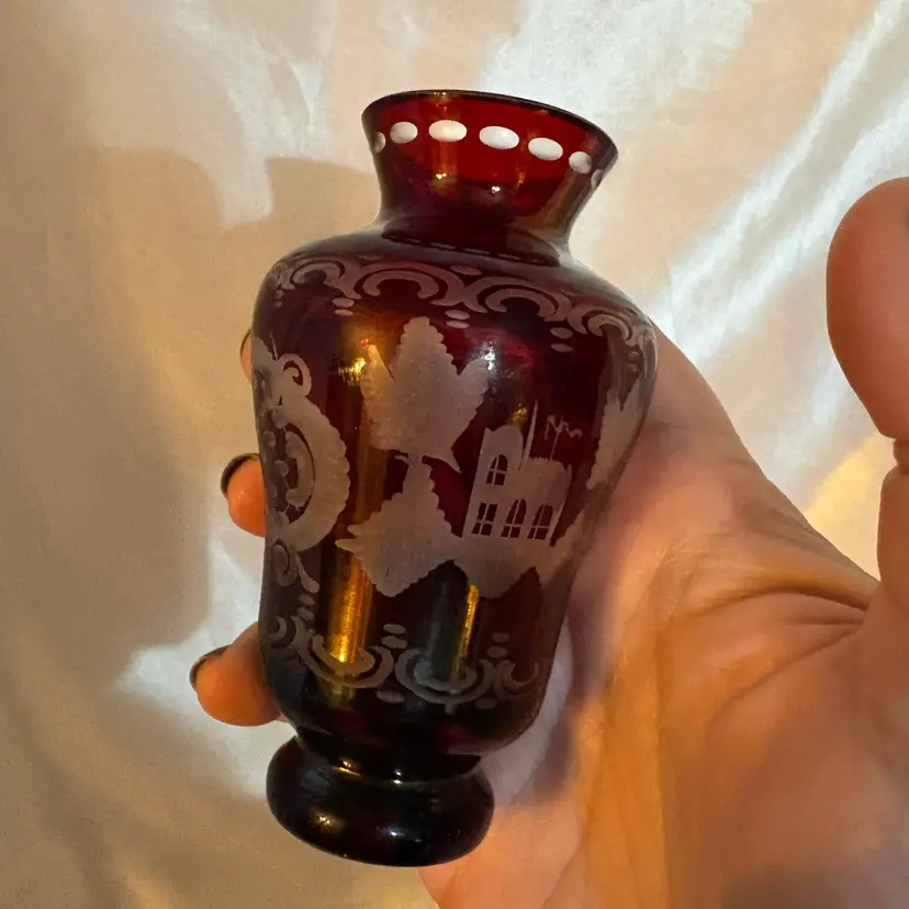 Czech glass cut to clear cranberry bud vase