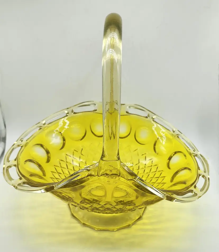 Vintage Yellow Large Heavy Glass Lattice Pattern Easter Basket