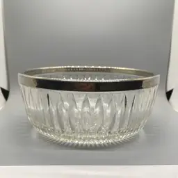 Vintage Crystal Diamond Cut Glass Serving Bowl Silver Plate Rim 3.75" x 9"