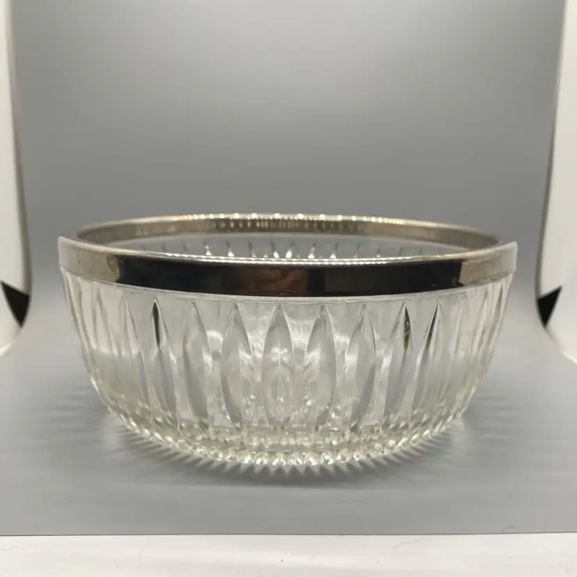 Vintage Crystal Diamond Cut Glass Serving Bowl Silver Plate Rim 3.75" x 9"