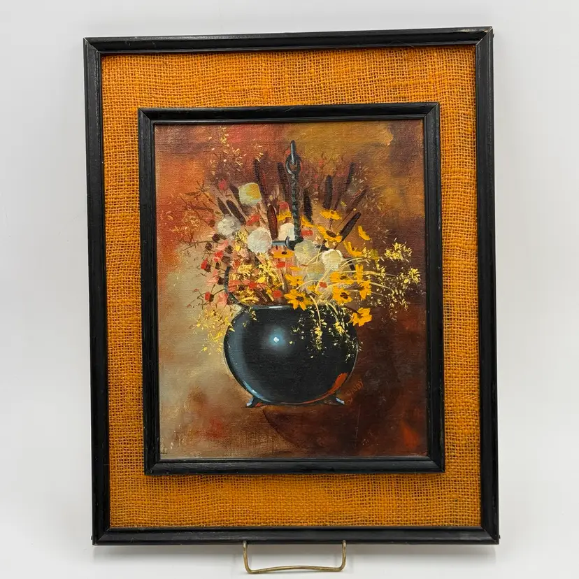 Vintage Mid Century Modern Floral Oil Painting Orange Burlap Frame Still Life 60s Art