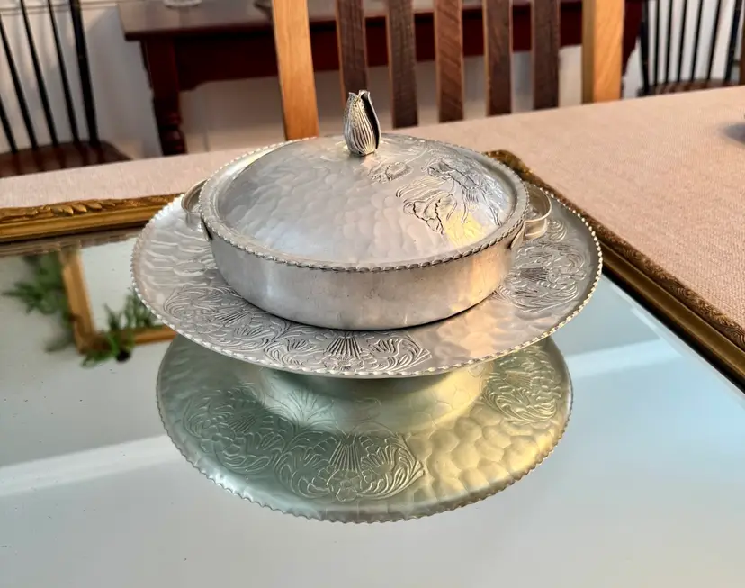 Hammered Aluminum Lazy Susan Serving Tray and Bowl