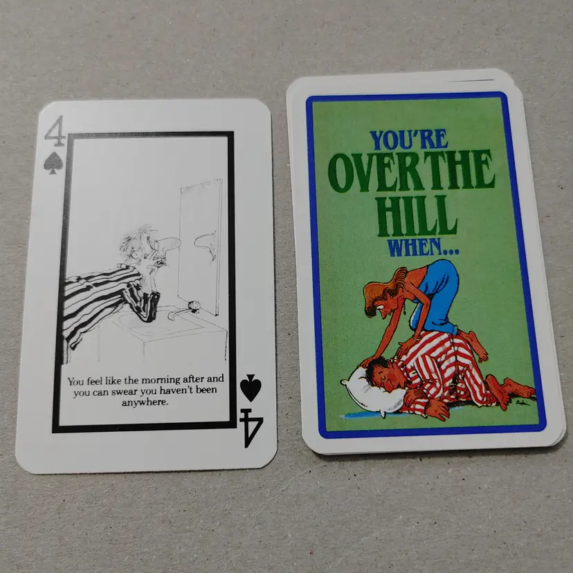 1 Single Swap Card - Playing Card. Over the Hill- morning after. Dimension 2.5 x 3.5. Read description.