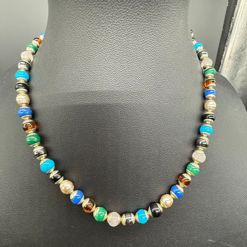 Jewels By Jordan Mixed Glass Beads And 925 Sterling Silver Necklace 16” - 18”