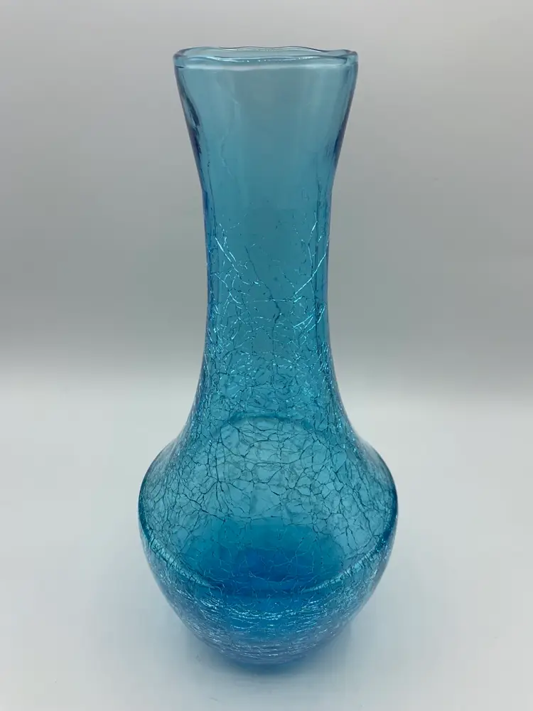 Vintage Blue Crackle Glass Cruet Hand Blown Fluted 10" Mid Century Decor