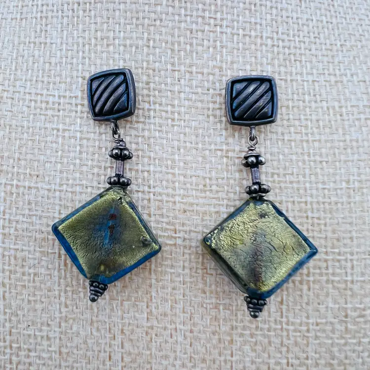 Beautiful Blue And Gold Glass And Sterling Pierced Earrings 2”