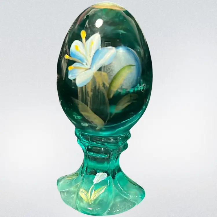Vintage Fenton Art Glass Hand Painted Iris Turquoise Glass Egg Shaped Footed Paper weight Original Stickers Signed