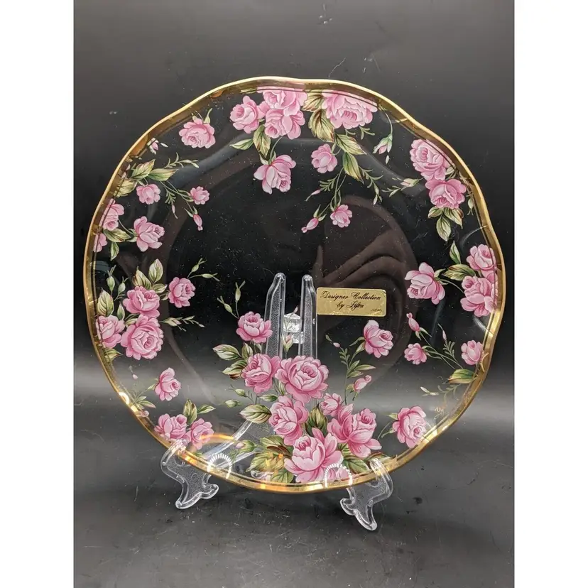 Vintage LEFTON Designer Collection Pink Flower Gold Trim Clear Glass Plate