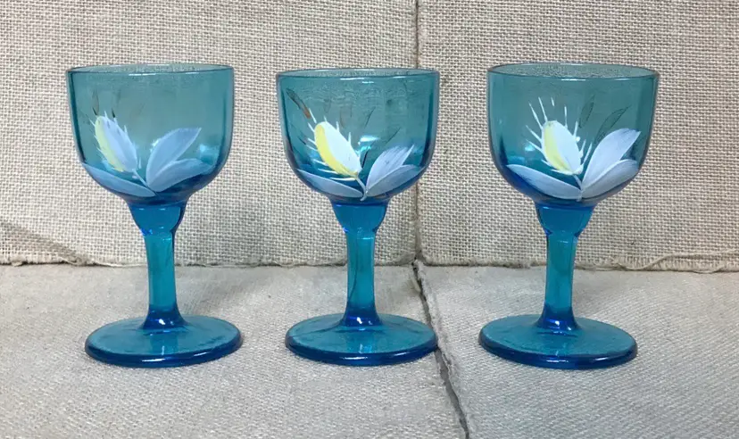 Blue Floral Cordial Glass Set Stemware Hand Painted Fairycore Beach Coastal