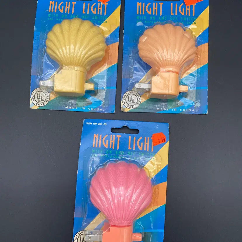 Lot of Three Different 1980's Seashell Night Lights - New - Pink, Peach & Yellow