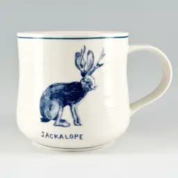 Molly Hatch Anthropologie Jackalope Mug, Blue on Cream Stoneware, 16oz Coffee Cup