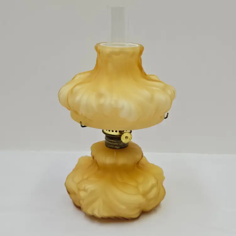 Fenton LG Wright Butterscotch Puffy Plume Miniature Oil Lamp Cased Glass