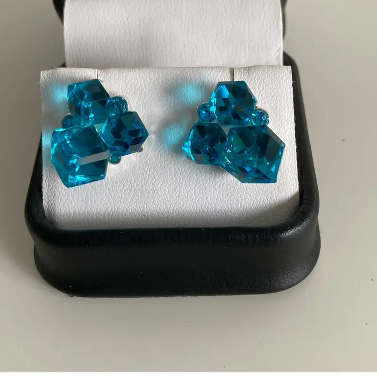 Stunning Aqua Blue Crystal Ice Cube Cluster Earrings