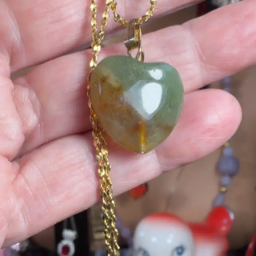 Natural Blood Stone Heart Pendant On 24” Gold Tone Chain