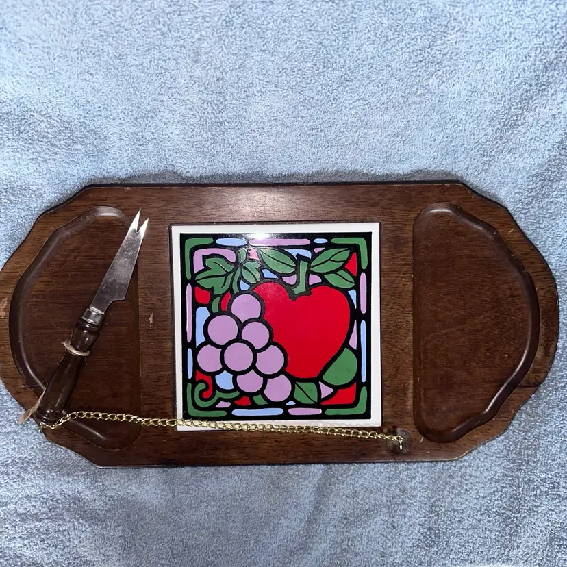 Vintage Charcuterie Board Knife Cheese Platter Oval Wood Tray MCM Retro