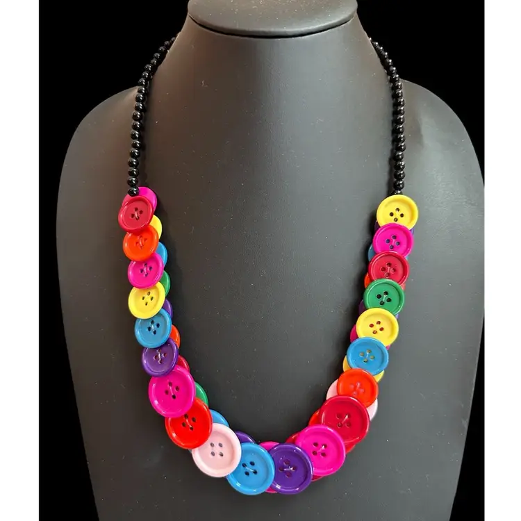 Vintage 80s Rainbow Button Necklace Colorful Fun Chunky Retro