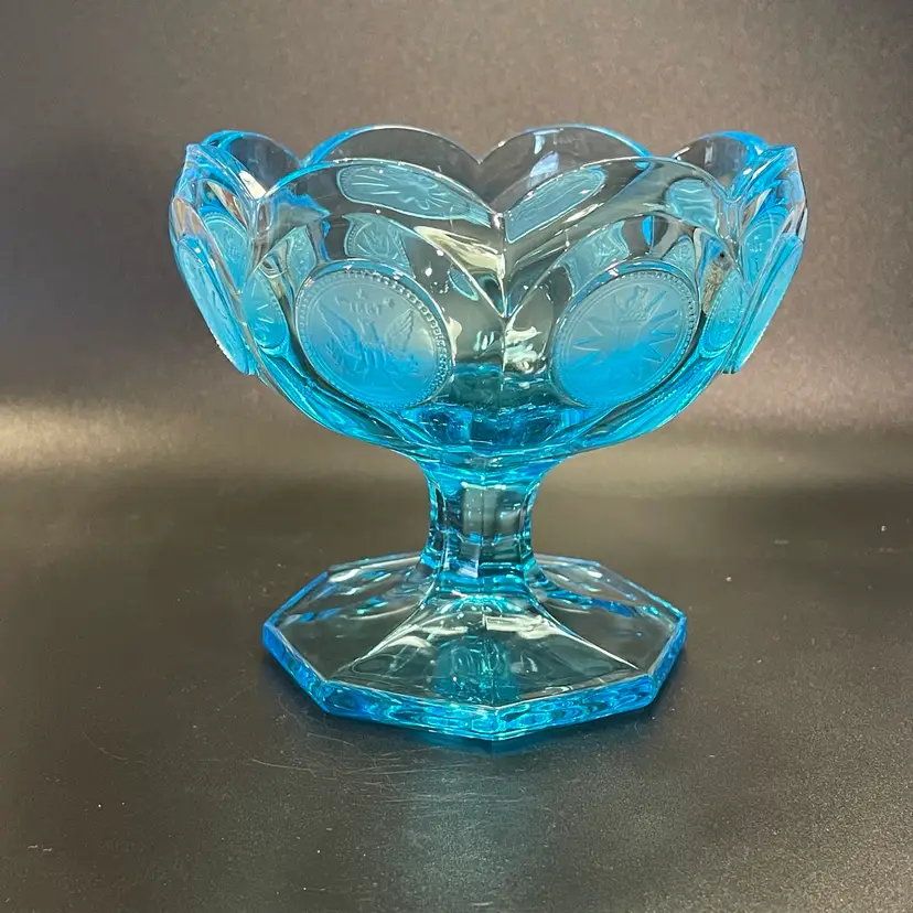 Fostoria Coin Glass Ice Blue Compote Dish Vintage Torch Eagle Patriotic