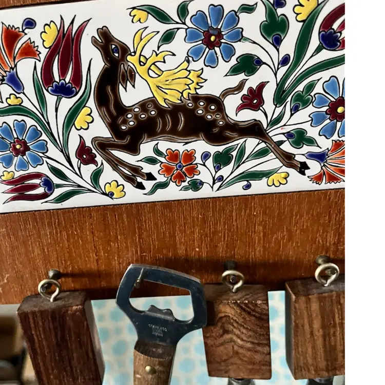 Folk Art -Stag/Deer Tile/Wood Bar Plaque with Bottle/Can Openers – 6.5x 6.75” Mid Century Bar Decor- Leather Cord to Hang