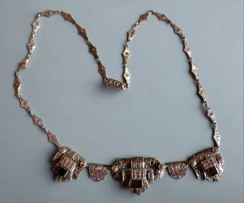 Antique Art Deco Marcasite & Onyx Pot Metal Necklace - 17” Total Length - Slide Clasp