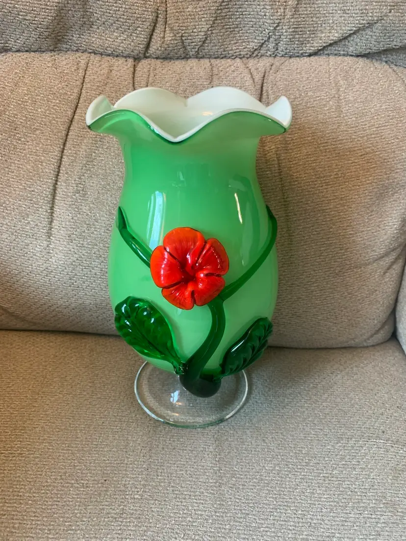 Art Glass Hand Blown Green Vase With Applied Flower, Stem & Leaves 10 X 5 Inches