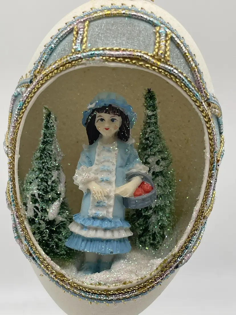Vintage Christmas Handcrafted Lg Egg Diorama Blue Girl Trees Figurine Ornament
