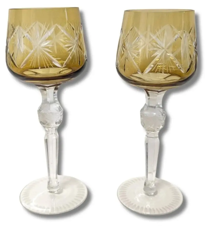 Pair of Mid Century Modern Czech Crystal Goblets • 9.25" Tall