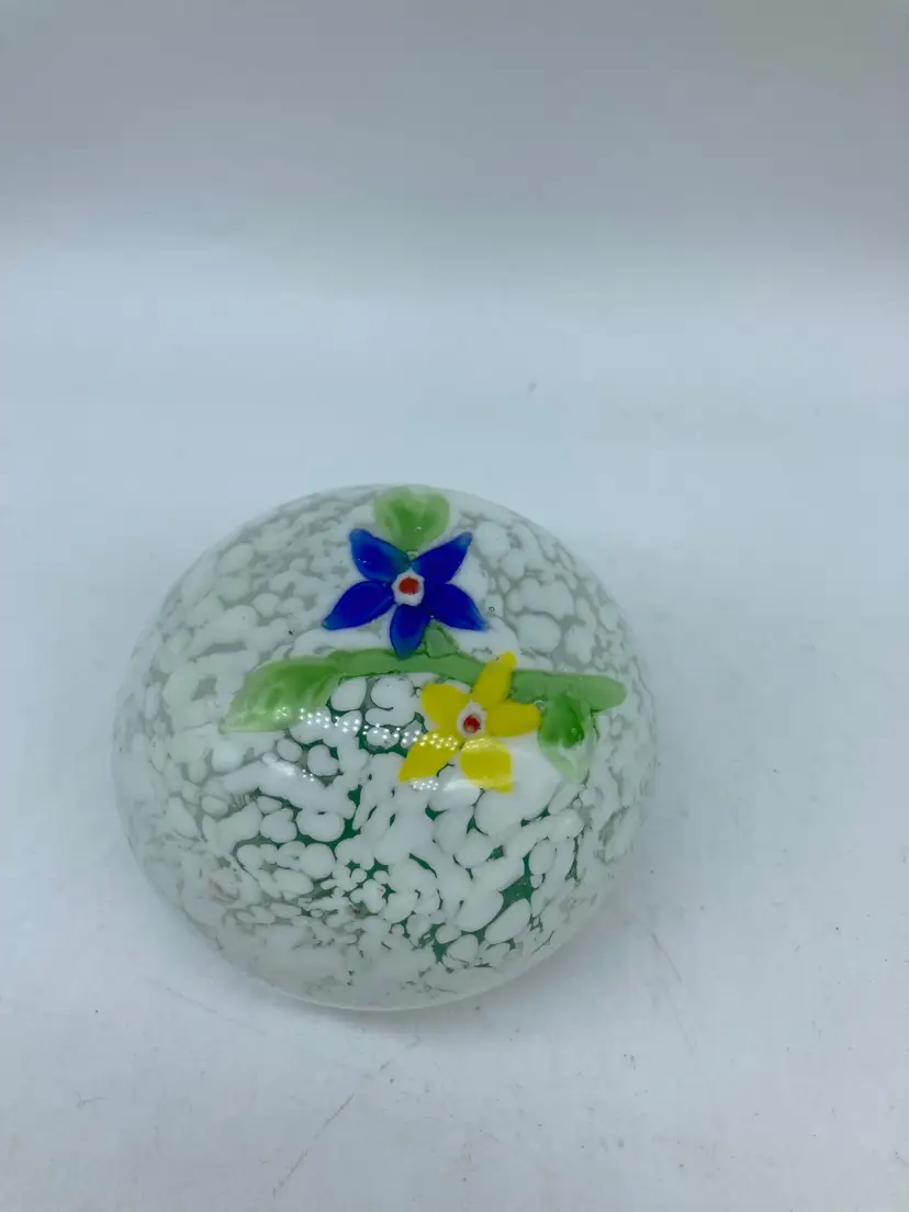 Splattered White Art Glass Paperweight with Yellow and Blue Flowers