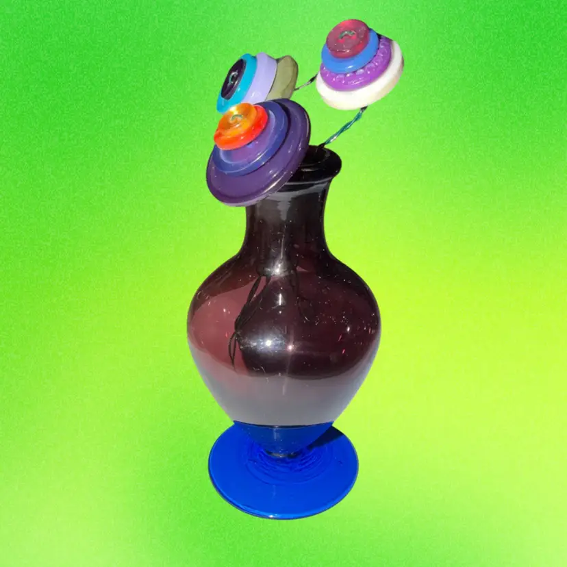 Purple Amethyst And Cobalt Blue Glass Bud Vase With 3 Button Flower Stems Made By Me