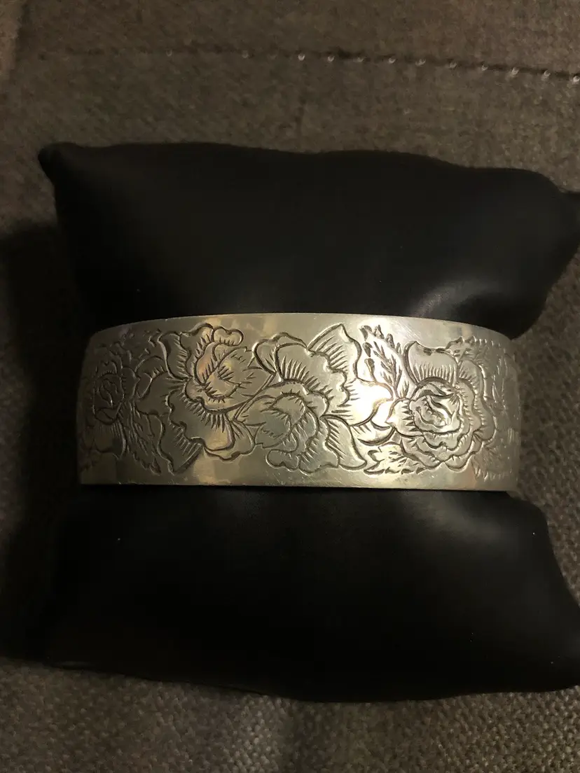 Vintage Kirk Stieff Pewter Flower Etched Cuff Bracelet