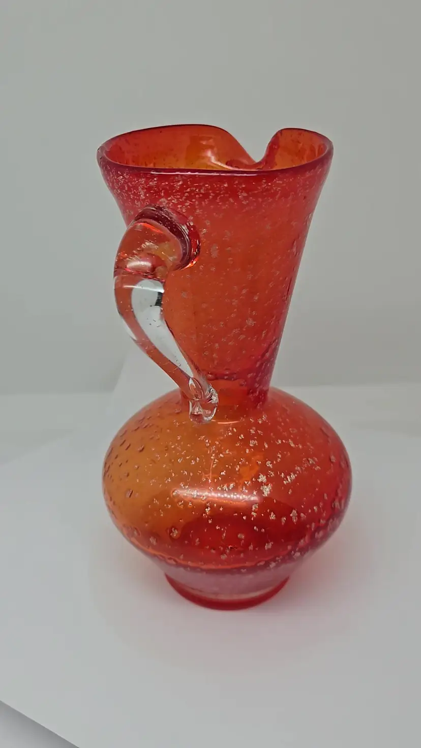 Vintage Orange / Red Glass Pitcher Bud Vase, Clean Handle, Silver Specks, 6"