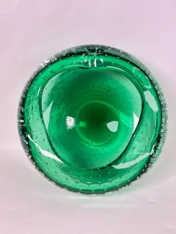 Fine Murano Bullicante Emerald Green Art Glass Ashtray Bowl 4.5" Mcm