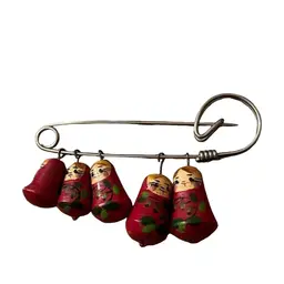 Red Wooden Nesting Doll Brooch Pin Matryoshka Hand Painted 