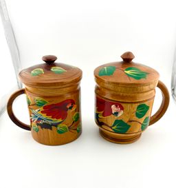 Vintage Wooden Mugs With Parrots On Them Tropical/Tiki Decor  5” Tall x 4.5” Wide