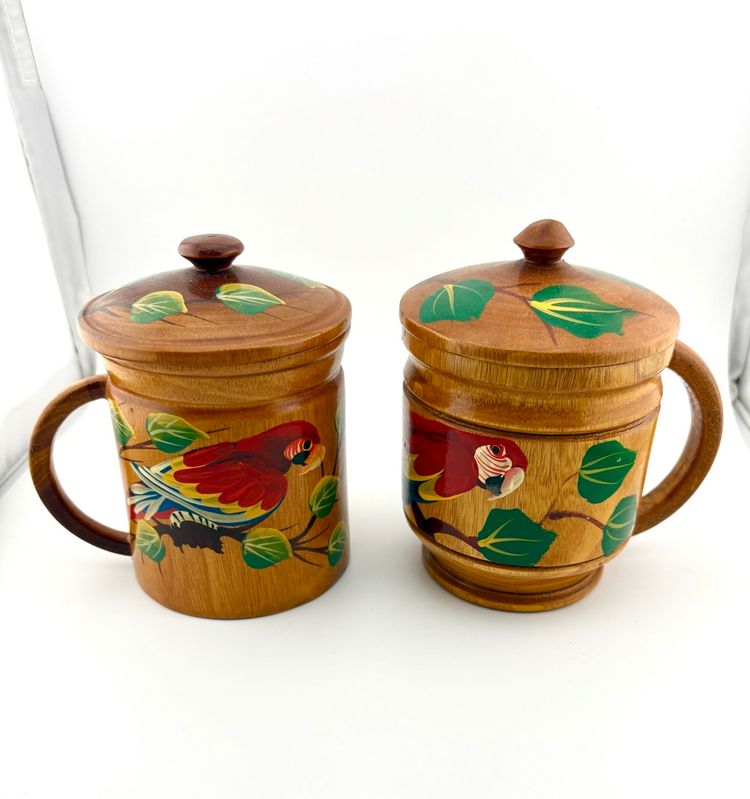 Vintage Wooden Mugs With Parrots On Them Tropical/Tiki Decor  5” Tall x 4.5” Wide