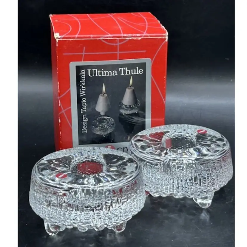 2 Iittala Glass Finland Ultima Thule Pat. Wirkkala Design  Candle Holders Label