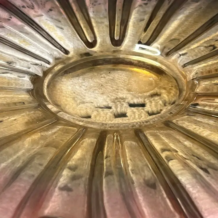 002 Antique? Federal glass, carnival, iridescent, pink, blue, yellow flower shape, star sunburst plate platter.