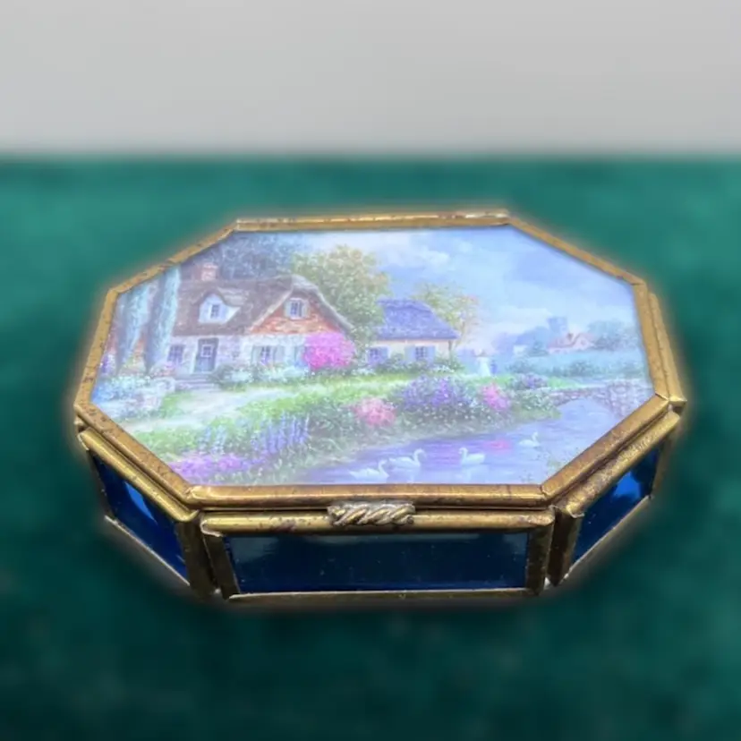 3.5”x2.5”x1” Vintage Viva- Dennis Patrick Lewan Painted Cottage Scene -Glass, Brass Trinket Box
