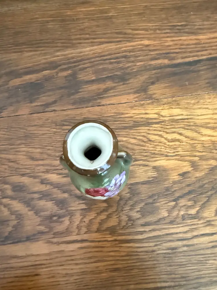 Antique Art Nouveau Hand Painted Floral Vase – Dual Handled Green & Brown Pottery, 7 Inch – Early 1900s European Style