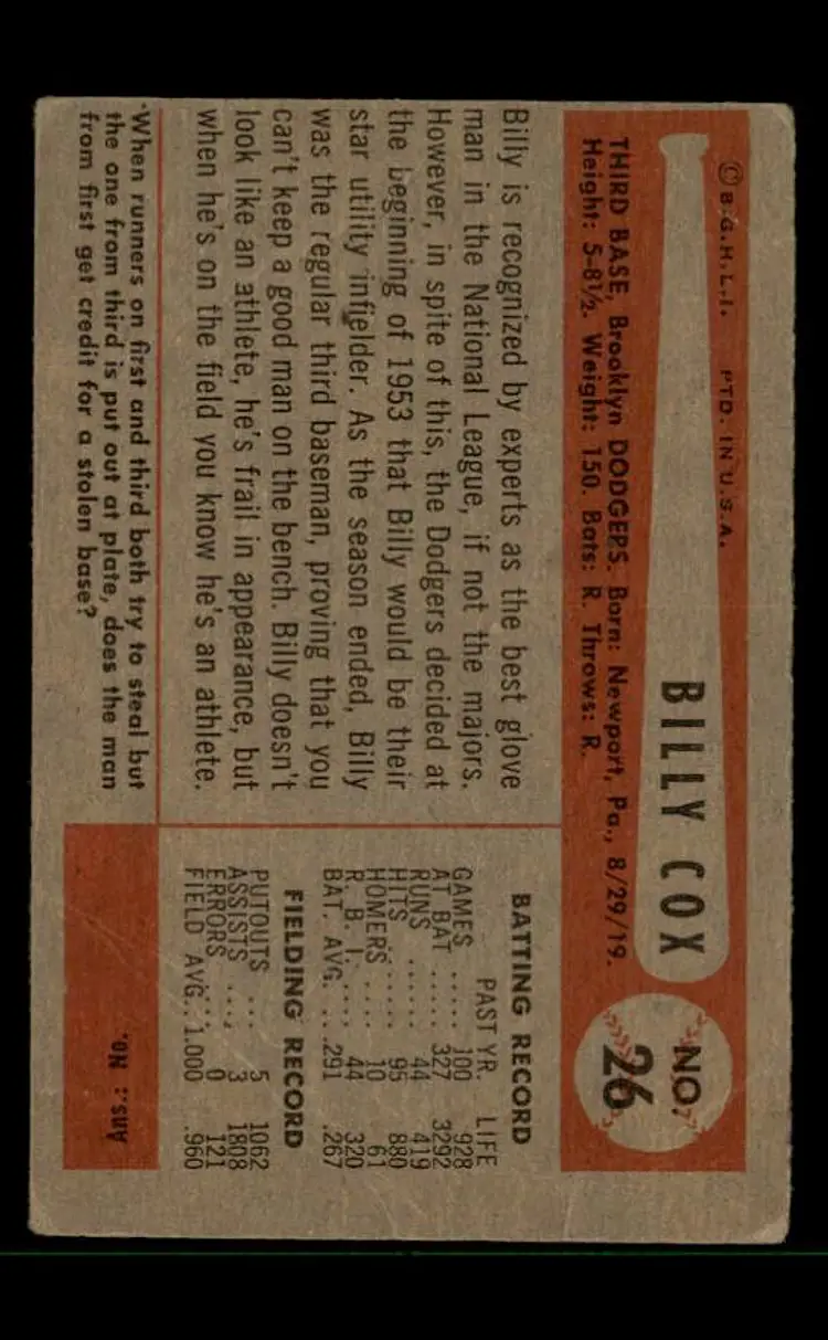 1954 Bowman #26a Billy Cox - (pk-tl3) - Brooklyn Dodgers