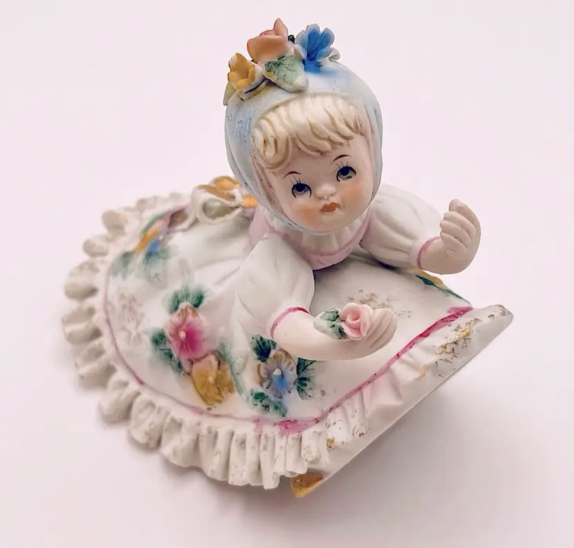 Vintage Lefton Bisque, Porcelain Figurine, Bloomer Girl, KW1702. Hand Painted Blue Bloomers, Flowers, Gold Accents. Japan