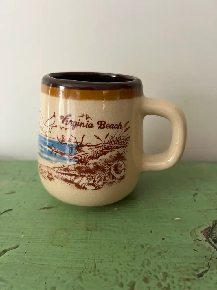 Vintage Virginia Beach Souvenir Coffee Mug. Seagull Ocean Specked Brown Ceramic 1970s