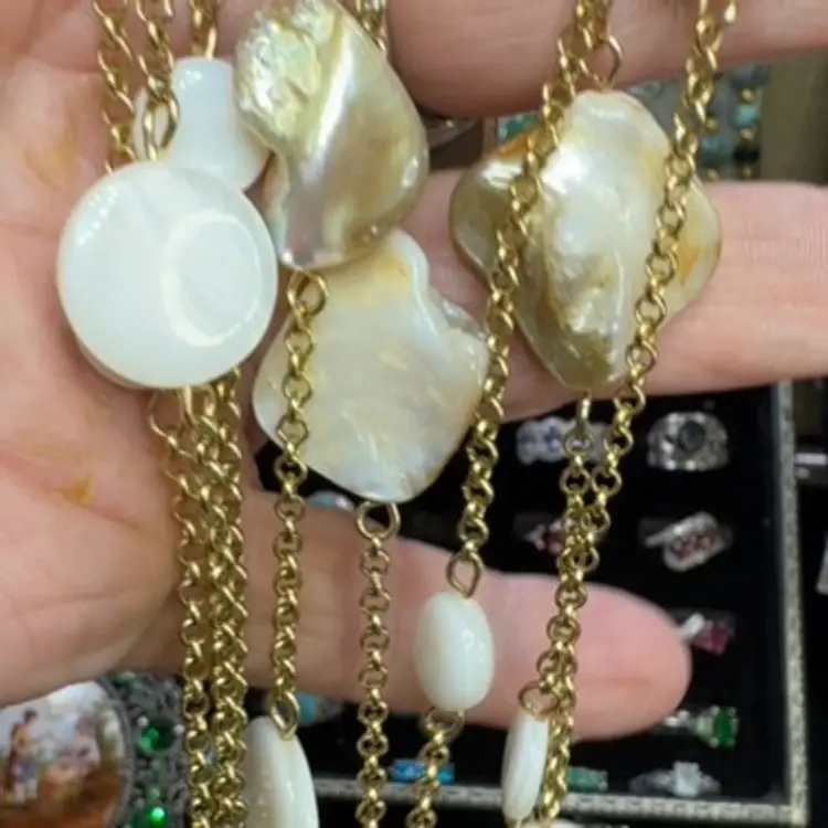 Super Long Gold Tone Shell & Metal Bead Necklace 2 Tier Necklace 38” & 44”