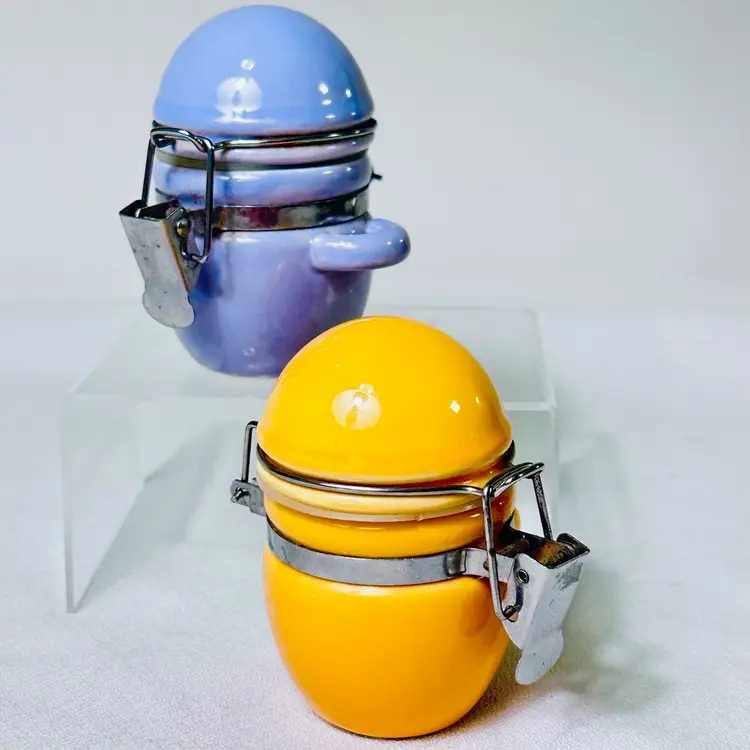 Mini Ceramic Locking Lid Jars Purple And Orange Cute Storage Containers VTG