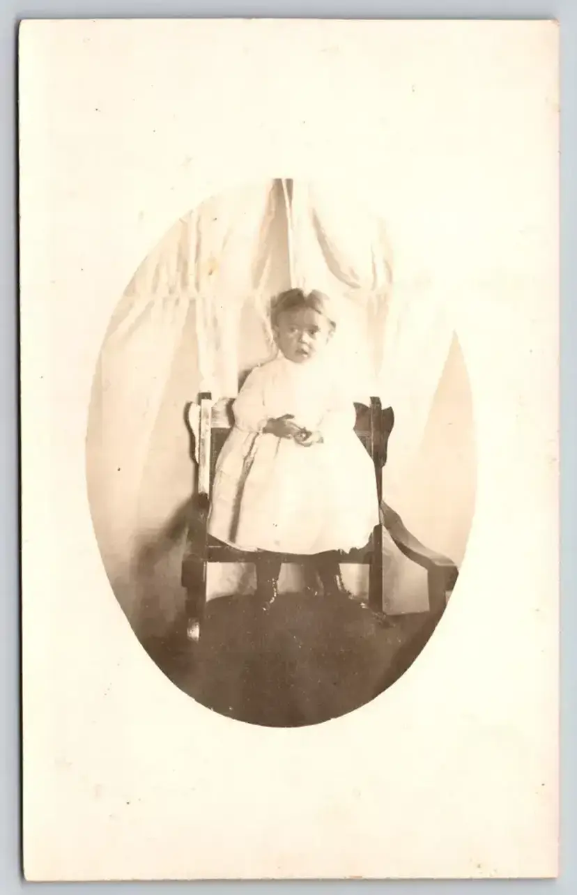 Postcard RPPC Boy Standing on Chair Real Photo Children Oval Vignette 1910 -  9453