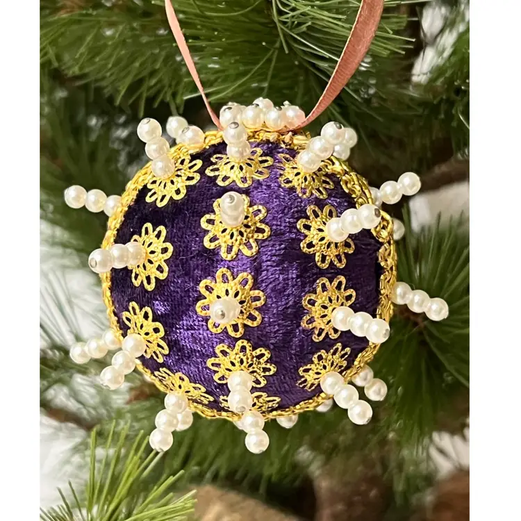 Set of 2 Handmade Vintage Style Push Pin Christmas Ball Ornaments Sequins Pearls 2 in Height