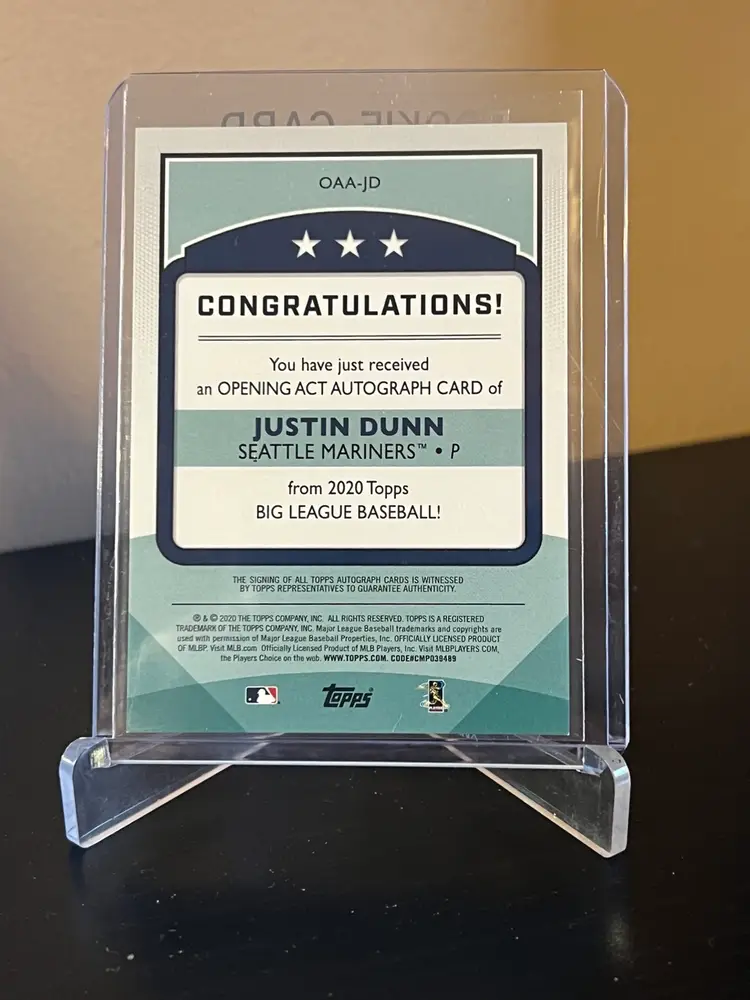 2020 Topps Big League Opening Act Autograph Card Justin Dunn Mariners Rookie Card